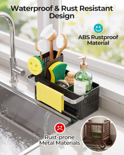 Nieifi Sponge Holder, Black Rustproof ABS Sink Caddy with Towel Rack - color: Black
