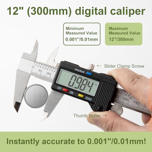Digital Caliper 0-12" Measuring Tool with Metal Ruler, Micrometer Caliper with Auto-Off Feature, Interchangeable Between inches and millimeters for DIY/Household and 3D Printing, Black