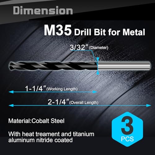 3/32 Inch Cobalt Drill Bit Set, HSS M35, Industrial Grade, TiAlN Coated - size: 3/32 Inch