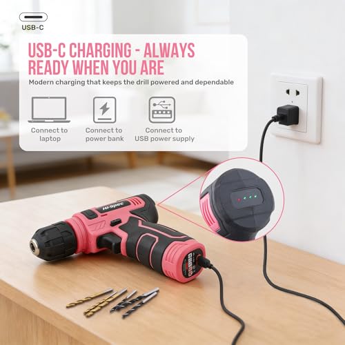 Hi-Spec 8V USB Power Drill Driver Bit Set with Hanging Kit for DIY, Pink - color: Pink