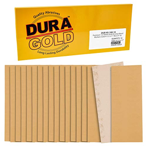 Dura-Gold Premium 1/2 Sheet Gold Sandpaper Sheets, 180 Grit (Box of 16) - size: 180-Grit