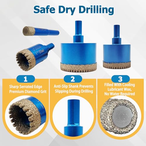 Tile Hole Saw Kit,10 Pack Serrated Vacuum Brazed Diamond Drill Bits - size: 10 Pcs 1/4"-2"