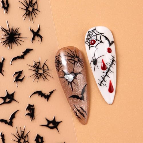 6 Sheets Halloween Nail Art Stickers Self Adhesive Horror Goth Nail Decals Bat Spiders Rose Spider Web Skull Ghost Nails Design Supplies Halloween Nails Decoration for Women Manicure Accessories - style: spider web bat