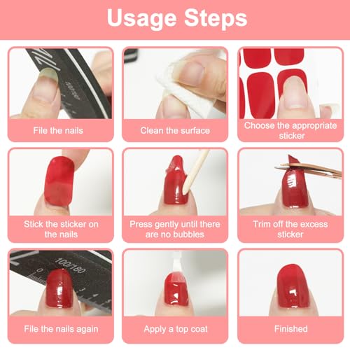 224PCS/16 Sheets Nail Polish Strips - Red Solid Color Gel Nail Stickers Full Nail Wraps UV Free | Easy to Stick | Adhesive Sticker Nails for Women with 1 File, 1 Cuticle Stick