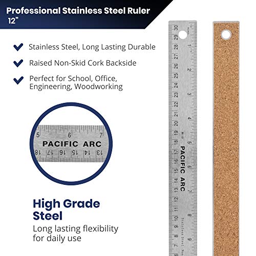 Pacific Arc Stainless Steel 12 Inch Metal Ruler Non-Slip Cork Back, with Inch and Metric Graduations - style: 12"