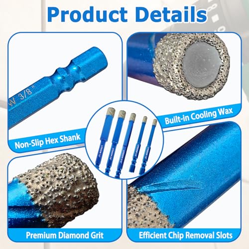 Tile Drill Bits,5 Pack Diamond Drill Bits for Ceramic(1/4"-1/2") - size: 5 Pcs 1/4"-1/2"