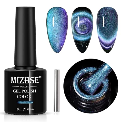 MIZHSE 9D Cat Eye Gel Nail Polish, Dual Colors Blue & Purple Magnetic Gel Polish with Magnet Stick, Magic Chameleon Galaxy Effect Holographic Glitter Silky Cat Eye Nail Polish Soak Off Nail Art Salon - color: 0-0-10Cat Eye Blue