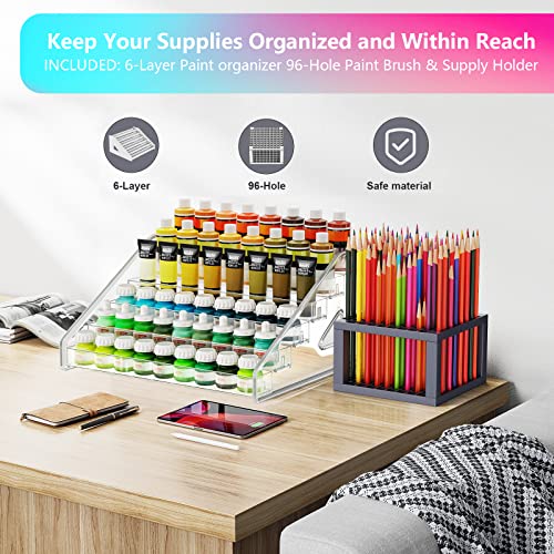 6-Layer Acrylic Organizer with Brush Holder, Easy Assembly Storage Rack for Craft, Hobby & Miniature Models, Light Can Holder, Gray