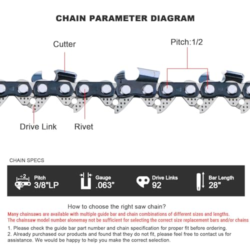 1 Pack 28 in Chainsaw Chain 92 Drive Links, 3/8" Pitch .063" Gauge - size: 28" 92DL 3/8" .063" ×1 Pack