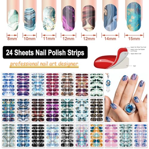 336PCS/24 Sheets Nail Polish Strips - Marble Gel Nail Stickers Full Nail Wraps UV Free | Easy to Stick | Adhesive Sticker Nails for Women with 1 File, 1 Cuticle Stick - color: Marble Series