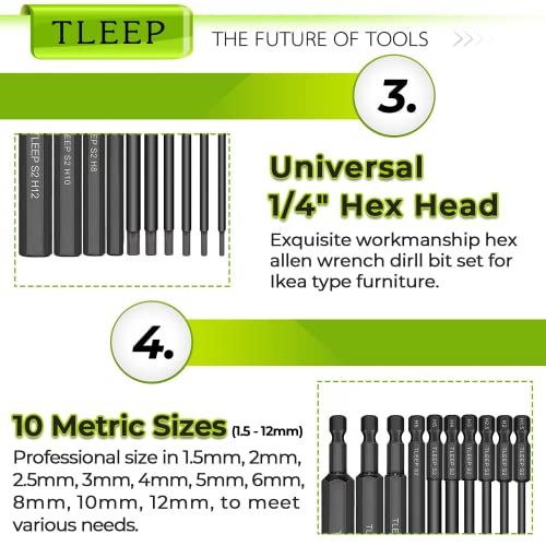 1/4 Inch 3.94" Long Allen Wrench Drill Bits w/ 1/4" Quick Change Bit Driver, Metric Hex Screwdriver Set, Magnetic Allen Key Drill Bit Set 1.5mm-12mm S2 Steel Allen Socket Set for Ikea Furniture - size: Set 10: 1.5mm to 12mm