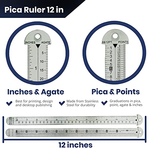 Pacific Arc 12 inch Pica Pole Metal Ruler, with Pica, Points, Inches, and Agate Measurements, Stainless Steel Ruler for Drafting
