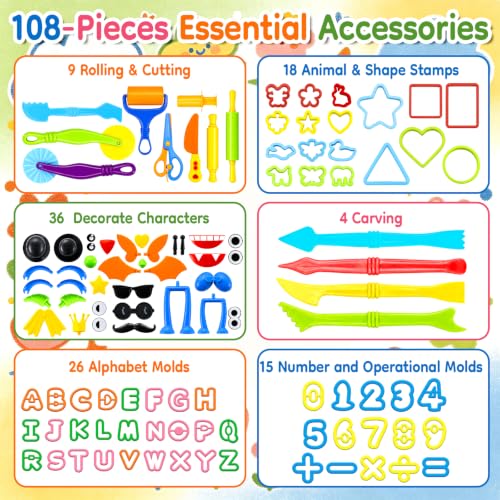 108 PCs Dough and Clay Play Tools Alphanumeric Kit for Kids Ages 4-8 - size: Pack of 108