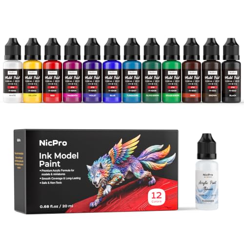 Nicpro 12 Colors Acrylic Model Ink Paint Set, 20ml Ready to Use - style: Ink Model Paint