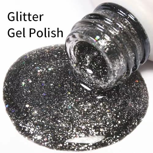 Black Gel Polish Glitter Hema Free 0.34 OZ Same Color Same Top Cover Black Reflective Sparkle UV Polish Christmas Manicure Art DIY - color: G-Black Glitter