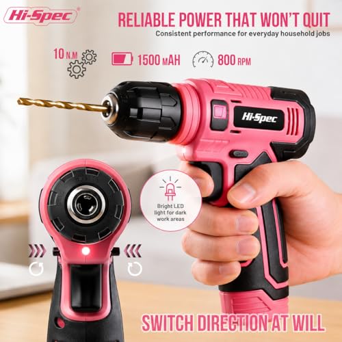 Hi-Spec 8V USB Power Drill Driver Bit Set with Hanging Kit for DIY, Pink - color: Pink