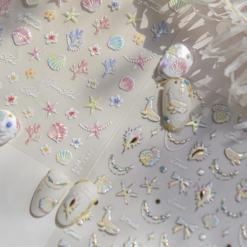 1 Sheet Starfish Nail Art Stickers Holographic Laser Summer Nail Stickers Shiny Shell Light 5D Embossed Starfish Nail Decals Marine Life Dolphin Conch Nails Design Ocean Beach Nail Supplies for Women - style: conch