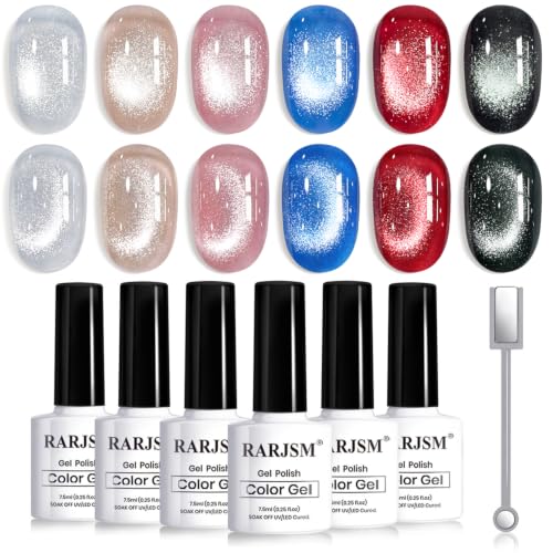 RARJSM Diamond Glitter Cat Eye Gel Polish Set 6 Pcs Sparkle Black Silver Red Blue Brown Nude Color Velvet Ice Jelly Glass Milky Way Cateye Gelpolish with Magnet Stick Curing Requires Home Manicure - color: Milkyway Diamond Cat Eye Set
