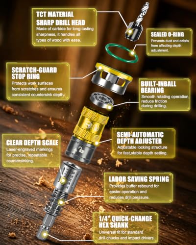Upgrade 10PCS Countersink Drill Bit Set with Adjustable Depth Stopper - color: Golden, size: Extended - Quick Adjustment