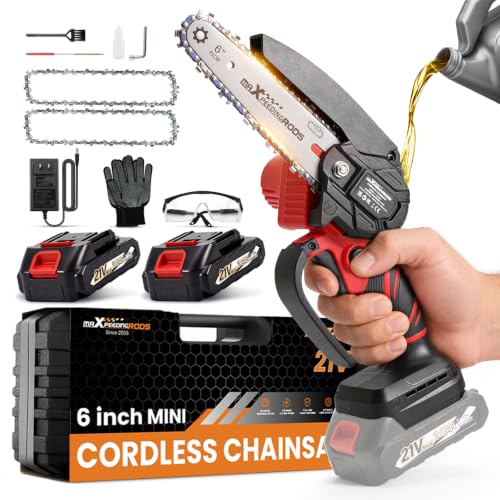 maXpeedingrods Mini Chainsaw Cordless, 6 inch Small Chainsaw Electric Saw - color: Red 2 Batteries