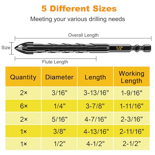 12Pcs Cross-Tip Masonry Drill Bit Set & Concrete Drill Bit Set, 3/16"-1/2" - size: 12 pcs 3/16"-1/2" Cross-Tip