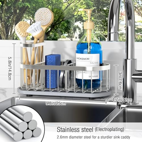 Sink Caddy Sponge Holder for Kitchen with Stone Drying Mat & Brush Holder - color: Silver