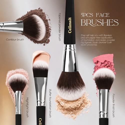 Makeup Brush Set with Case, Synthetic Bristles, Wood Handle, 12 Pcs - color: Black