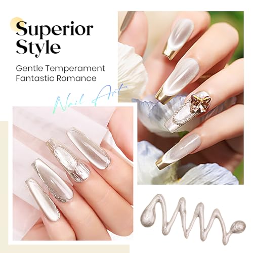 MIZHSE Cat Eye Gel Nail Polish: Grey Magnetic Gel Polish with Magnet Stick and Metallic Mirror Chrome Powder, Maillard Style Magic Effect Galaxy Shimmery Nail Soak Off Nail Art Salon - color: Glass Beige