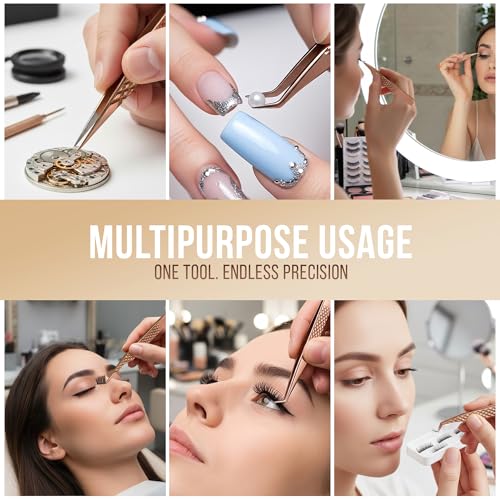 5 Pcs Fiber Tip Eyelash Extension Tweezers with Leather Case, Rose Gold - color: Metallic-rose