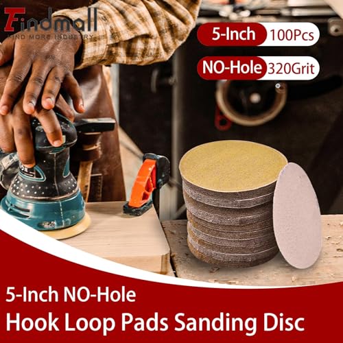 findmall 5-Inch NO-Hole 100Pcs Hook Loop Pads Sanding Disc 320 Grit - size: 320grit