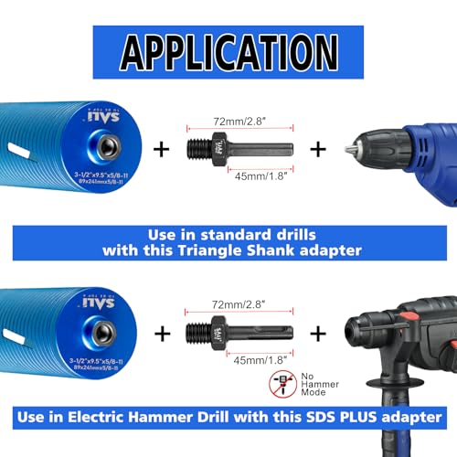 SALI Diamond Core Drill Bits 4 1/2" Diameter 10"/254mm Drilling Depth 5/8-11" Thread Core Bit Turbo Laser-Welded Segments for Cured Concrete with, Brick, Block, Masonry, with Two Adapters - size: 4 1/2 inch