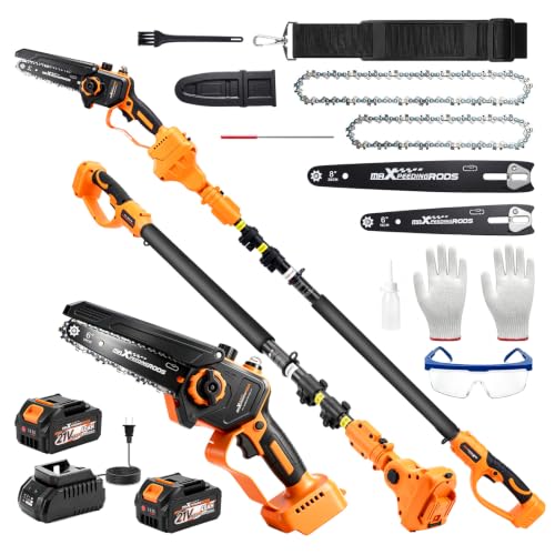 maXpeedingrods 4-In-1 Electric Pole Saws for Tree Trimming with 2×4.0Ah Batteries, 8 Inch & 6 Inch Mini Chainsaw Cordless with 15.7ft Reach, 180° Adjustable Angle Brushless Chainsaw with Chain Cover - color: Orange