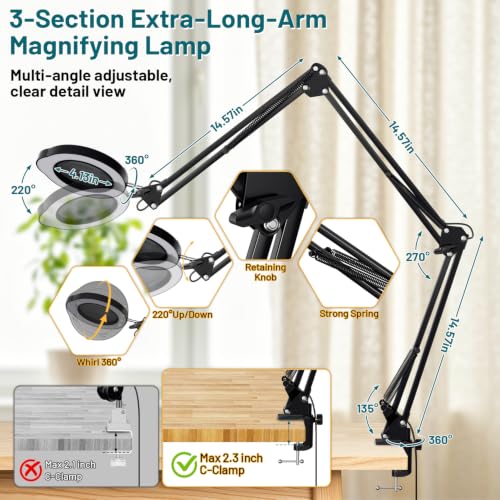 15X LED Magnifying Glass with Light and Clamp, 3-Section Arm