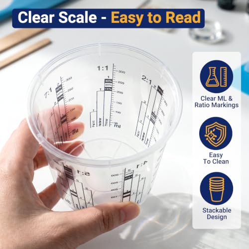 Gartful 12 Pack 10oz 320ml Clear Plastic Paint Mixing Cups with 12 Stir Sticks - Disposable Graduated Measuring Cups for Paint, Resin & Epoxy with ML Scale & 3-Column Ratios (1:1-7:1) for DIY Crafts - size: 10oz / 320ml