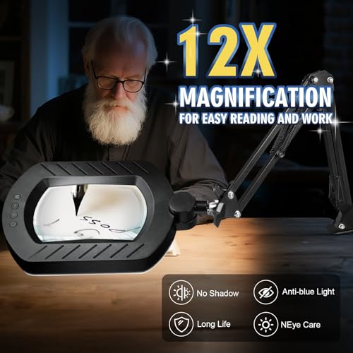 12X Magnifying Glass with Light and Stand, 144 LED Lighted Magnifying Light - color: Black