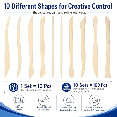 Ferrochef 10 Set 100 Pcs Clay Tools, Beech Sculpting Tools, Classic Style - color: Classic Style, size: Beech