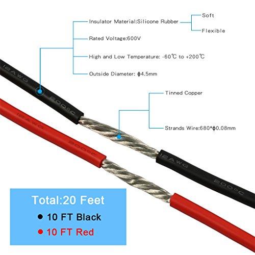 BNTECHGO 12 AWG Silicone Wire Red and Black Each 10ft Tinned Copper Wire - color: silicone wire red and black, size: 12 silicone wire red 10ft and black 10ft