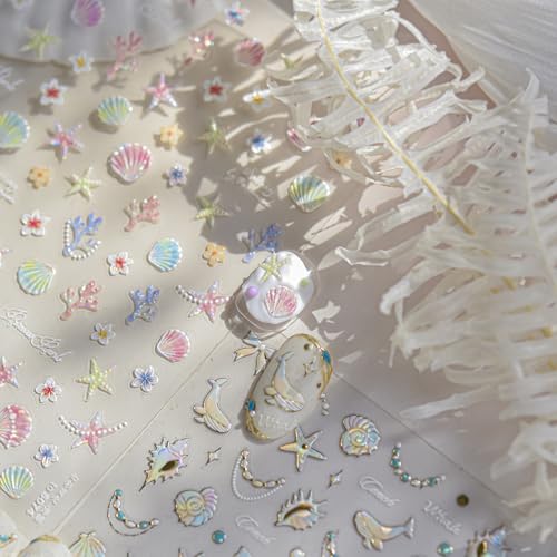 1 Sheet Starfish Nail Art Stickers Holographic Laser Summer Nail Stickers Shiny Shell Light 5D Embossed Starfish Nail Decals Marine Life Dolphin Conch Nails Design Ocean Beach Nail Supplies for Women - style: conch