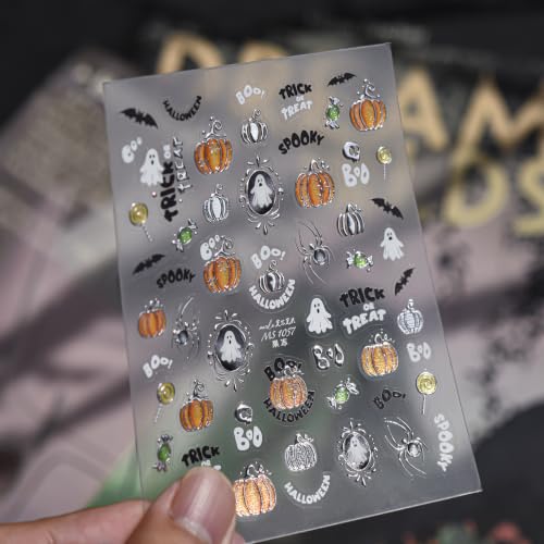 1 Sheet Halloween Nail Art Stickers 5D Embossed Self Adhesive Nails Decals Cute Ghost Pumpkin Nail Sticker Frame Ghost Pegatinas Uñas Silver Bats Spider Manicure Sliders for Women Nails Decoration - color: Halloween Ghost Pumpkin