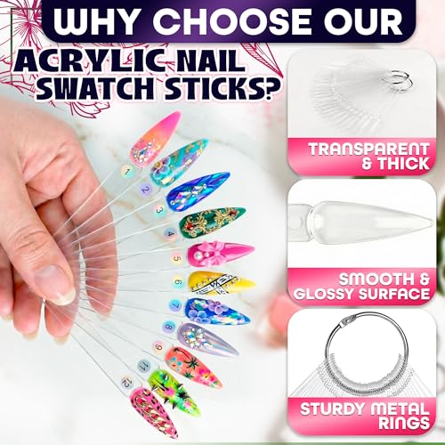200 Pcs Nail Swatch Sticks Stiletto with 4 Metal Rings & Numbering Stickers - color: 200 Pcs Clear Acrylic Nail Swatch Sticks Stiletto