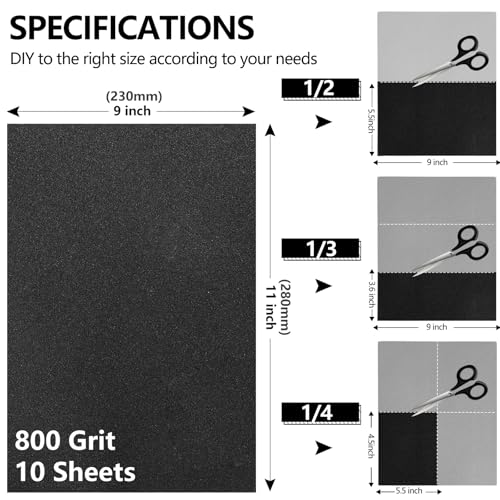 Sandpaper 800 Grit, Wet Dry Sand Paper 9 x 11 Inch - size: 9 x 11 Inch, style: 800Grit