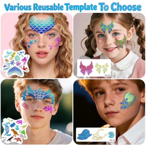 39PCS Face Paint Stencils Kit Includes 15 Reusable Facial Painting Stencils, 8 Sheets Tattoo Stencil Stickers, 10 Brushes, 2 Pack Adhesive Gems, 4 Sponge for Halloween Birthday Carnival Party Makeup - color: Party