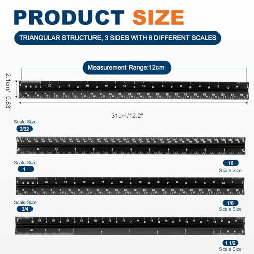 HARFINGTON Architectural Scale Ruler, 12" Standard Aluminum Alloy Black - color: Black, size: 12 Inch