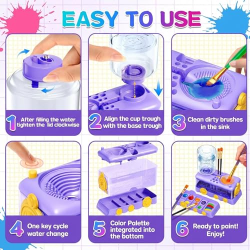 Paint Brush Cleaner with Press-to-Clean Design, All-in-1 Brush Rinsing Station with Built-in Holder & Tray, Water Dispenser for Acrylic Watercolor Painting, Art Supplies Gift for Artists Kids Adults - color: 02 New Purple
