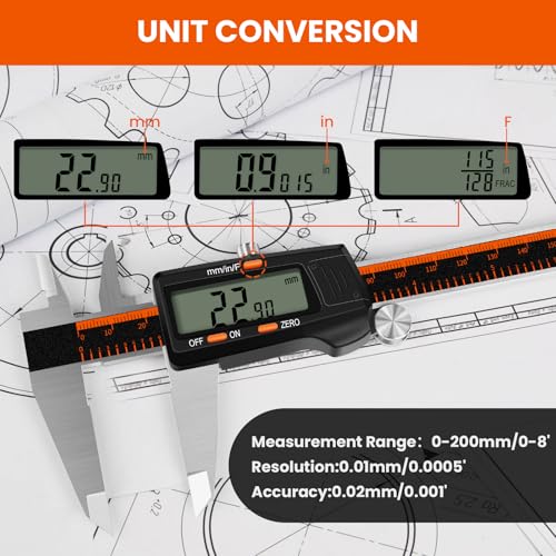 HARDELL Digital Caliper 0-8" Stainless Steel, Inch/Fractions/mm - size: 8 Inch