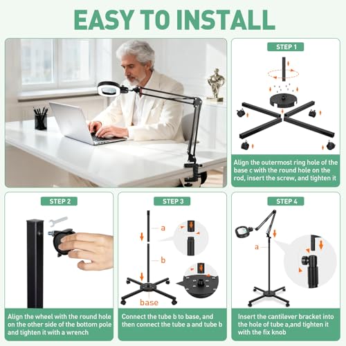 Floor Magnifying Glass with Light, 4 Wheel Stable Stand Base 12X 30X - color: Black
