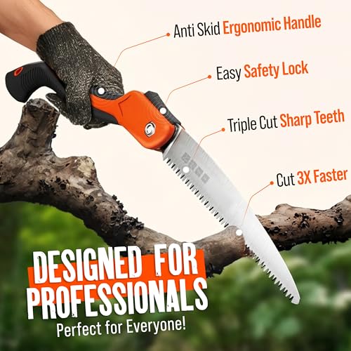 Folding Camping saw 9 Inch - Heavy Duty Pruning Saw with Triple-Cut SK5 Blade, 7 TPI Razor Teeth for Tree Trimming, Wood Cutting, Camping, Bushcraft, and Gardening - size: 9 INCH (Orange)