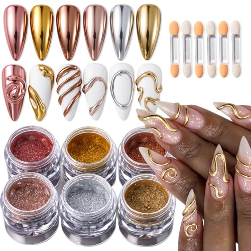 6 Jars Magic Mirror Chrome Nail Powder Silver Gold Chrome Powder for Nails