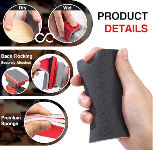 5Pcs/Set Sanding Sponge Set, 120-3000 Grit Soft Foam Hand Sander Block, Hook & Loop Wet Dry Sanding Sponges for Metal Wooden Furniture Drywall Sheetrock and Model Polishing (P2000, 10x7cm) - color: P2000