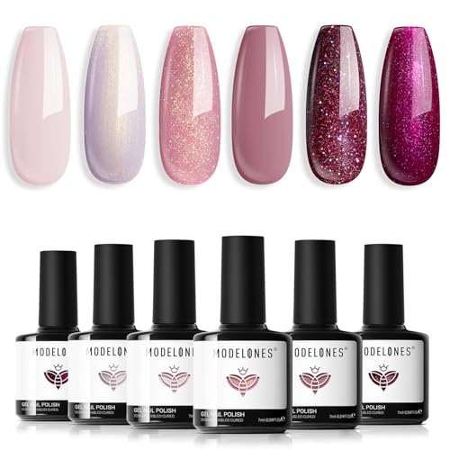 modelones Nude Gel Nail Polish Set 6 Colors, Pearl Pink Burgundy Glitter - color: A A A2 Rose Garden